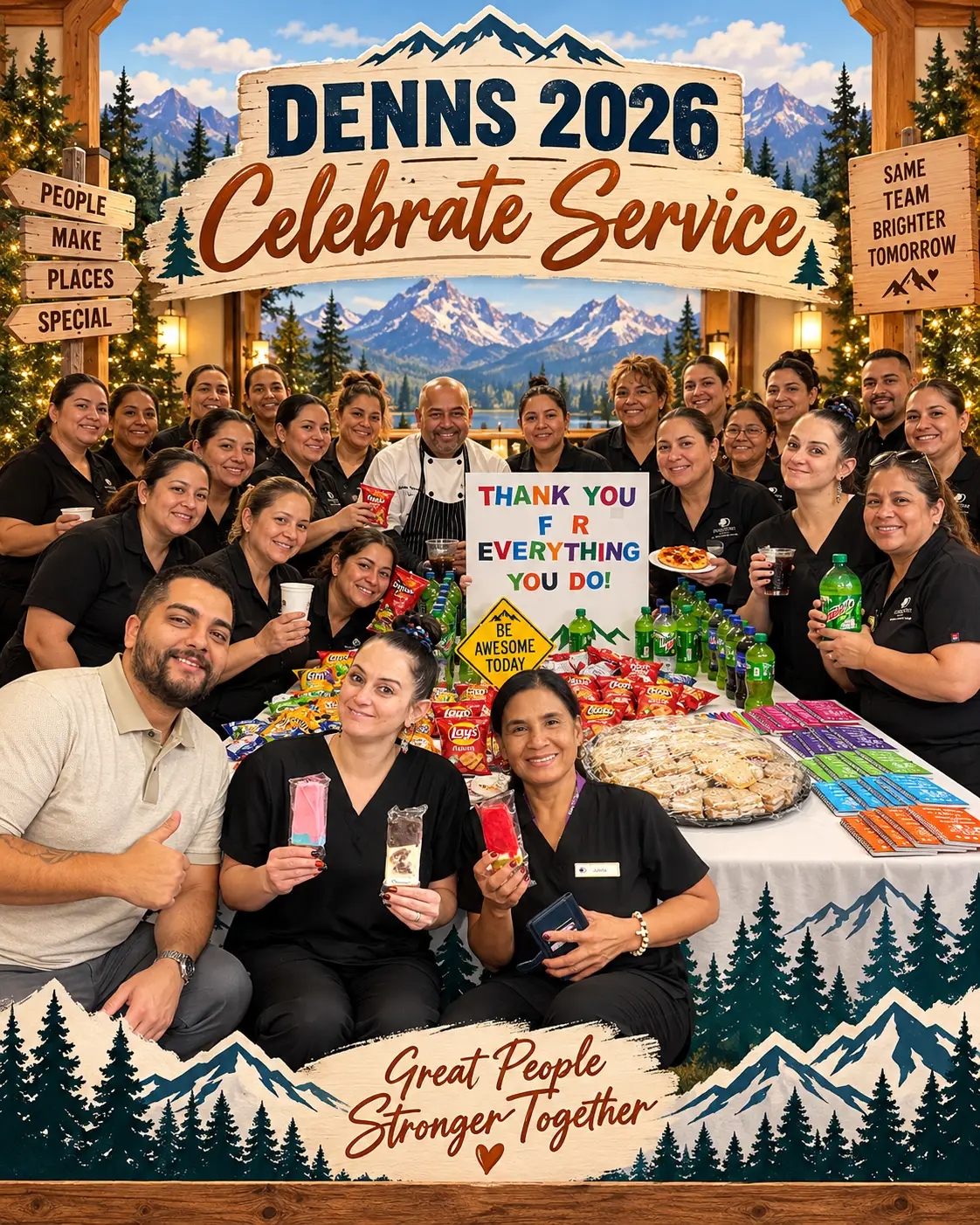 The DENNS team gathered around a table of snacks and drinks with a sign reading "Thank you for everything you do!" at their 2026 Celebrate Service event